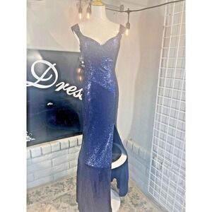 Sparkling Navy Blue Sequined Evening Gown Sweetheart Neckline Slit‎ Dress Size M